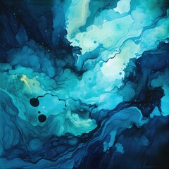 Turquoise and indigo inkblots creating a surreal dreamscape