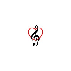 Treble clef with heart logo design. Music key and heart abstract icon isolated on white background