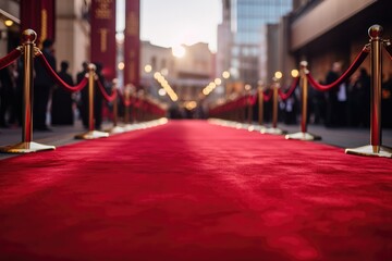 Red Carpet At Movie Premiere. Сoncept Glamorous Fashion, Celebrity Style, Paparazzi Moments, Vip Arrivals, Movie Star Interviews - obrazy, fototapety, plakaty