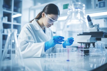 Fototapeta premium Researcher In Protective Mask Creating Innovative Medicines In Lab