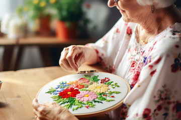 Faceless elderly woman embroiders flowers pattern with embroidery frame close-up