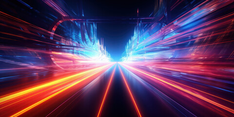 Fototapeta na wymiar Ethereal neon glow on a blurred futuristic pathway.