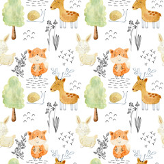 Watercolor forest wildlife seamless pattern with animals. Cute cartoon characters.