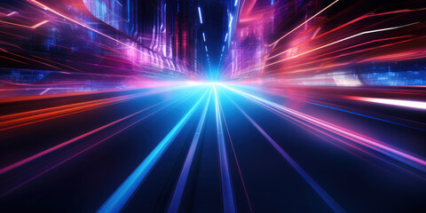 Obraz premium Ethereal neon glow on a blurred futuristic pathway.