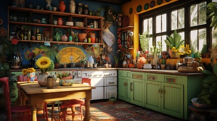 Colorful and Vibrant Kitchen Interior with Vintage Decor and Plants