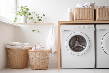 Modern laundry room with natural wicker laundry baskets and washing machine - obrazy, fototapety, plakaty