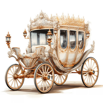 Vintage wedding carriage with lavish décor, isolated on white background