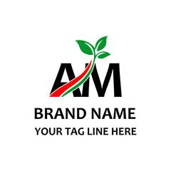 AM letters eco logo with leaf. Vector typeface for nature posters, eco friendly emblem, vegan identity, herbal and botanical cards etc. Ecology AB letters logo with green leaf.