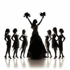 Silhouette of a bride throwing a bouquet to her bridesmaids isolated on white background