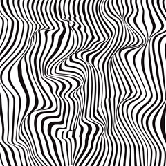 Abstract wave background, black and white wavy stripes or lines design. Distorted monochrome stripes make an illusion of three-dimension