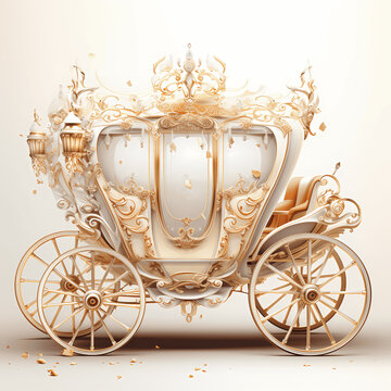 Vintage wedding carriage with intricate carvings, isolated on white background