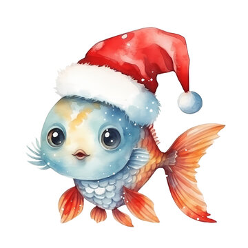 Christmas fish, fish wearing Santa hat, watercolor illustration