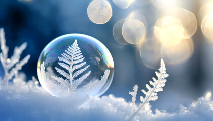 Soap bubble in winter with ice flowers and space for text, generated image