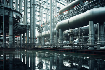 Pipeline, storage tanks and pipe rack of petroleum, chemical, hydrogen or ammonia industrial plant. Industrial interior Close up - obrazy, fototapety, plakaty