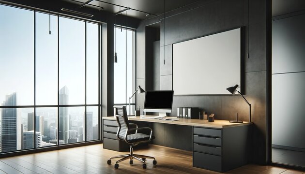 Luxury office mockup with dark walls, and city view. 