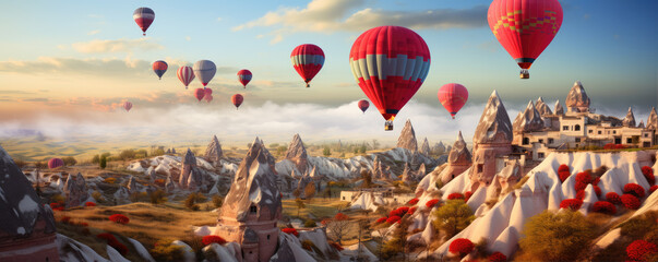 Cappadocia, Hot air colores balloons flying over country.
