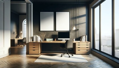 Modern home office with wooden desk and blank frames for art mockups, a minimalist design with natural lighting.