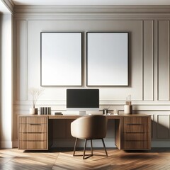 Modern home office with wooden desk and blank frames for art mockups, a minimalist design with natural lighting.