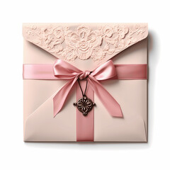 Wedding envelope with a pink bow isolated on white background 