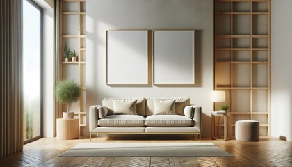 Modern European living room with beige sofa and two centered empty frames above it, wooden elements, and natural lighting.
