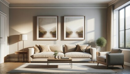 Fototapeta premium Two 100x70cm frames in a typical European living room with beige sofa, wooden coffee table, and ambient lighting. Grain added for a natural look.