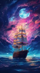 Old Ship and beauty of ocean in night - obrazy, fototapety, plakaty