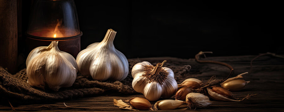 Fresh garlic cloves and bulbs on wooden table. Garlic banner