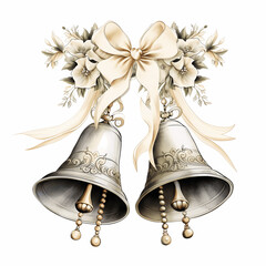 Hand-drawn wedding bells with cascading ribbon isolated on white background - obrazy, fototapety, plakaty