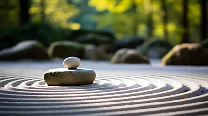 Tuinposter A peaceful Zen rock garden, with perfectly raked gravel as the background, during a calm afternoon © VirtualCreatures
