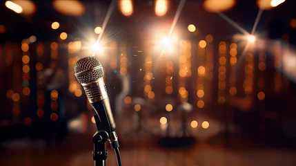 Tuinposter un microphone installé sur une scène avec arrière-plan festif flou - fond rouge © Fox_Dsign