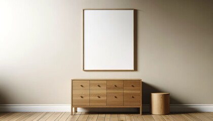 Wooden cabinet, dresser, and a flat concrete wall in the background. Mock-up poster frame with copy space on the wall.
