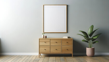 Wooden cabinet, dresser, and a flat concrete wall in the background. Mock-up poster frame with copy space on the wall.