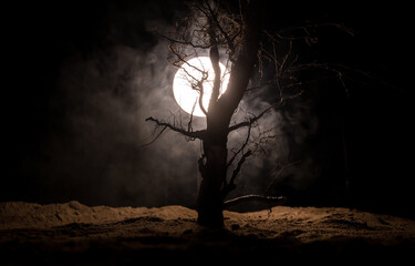 Silhouette of scary Halloween tree with horror face on dark foggy toned background with moon on...