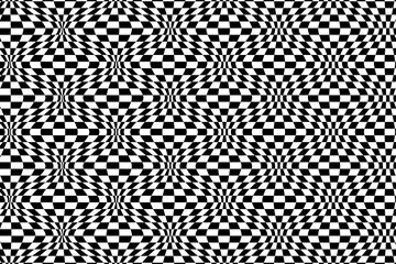 Checkered seamless pattern with optical illusion. Three-dimensional line art objects. Black and white distorted checkered background. Wavy chess board.