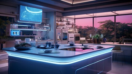 Obraz premium Futuristic Blue Neon Lit Kitchen with High Tech Appliances at Sunset