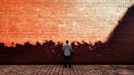 Man standing in front of brick wall with his shadow on the wall.