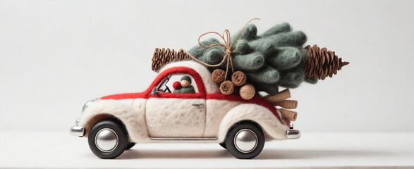 a car carries a felted Christmas tree on a white background