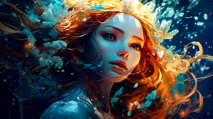 Woman with long red hair and blue eyes is surrounded by flowers and butterflies.