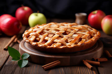 Homemade apple pie on a wooden table, side view