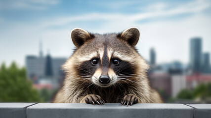 Portrait of a raccoon on blurred urban background.  Minimalistic style. AI generated content. - obrazy, fototapety, plakaty