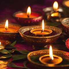 burning candles diwali background in the dark with Ai generated.