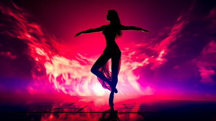 Fototapeta na wymiar Silhouette of woman dancing in front of purple and pink background.