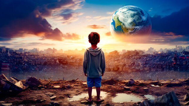 Little boy looking at the earth in the sky with reflection on the ground.