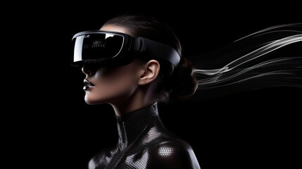 Beautiful Woman Wearing Virtual Reality Headset In All Black Studio - Generative Ai