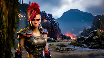 Woman with red hair and armor standing in front of rock formation.
