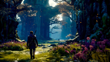 Man walking through forest with gun in his hand and forest in the background.