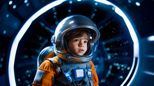 Little boy in space suit looking at the stars in the background.