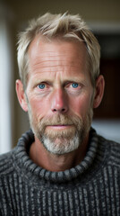 portrait of handsome middle aged person with greying hair and bright blue eyes - Generative Ai