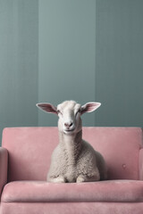 A sheep sitting on a pink sofa indoor photo