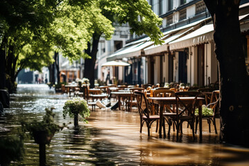 cozy European streets with summer cafes flooded after the flood